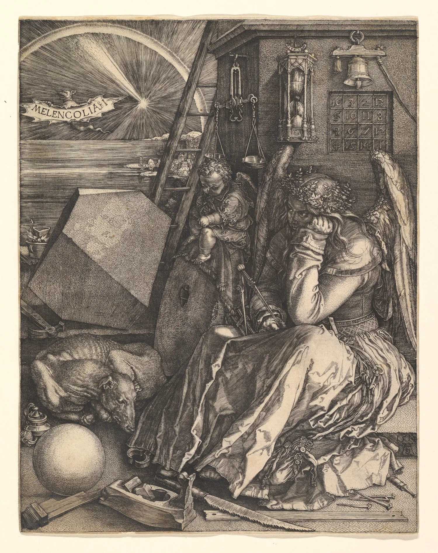 Albrecht Dürer's engraving Melencolia I: a winged figure sits among a craftsman's tools beneath a magic square, with a rainbow and comet over the sea. Dürer's monogram and the date 1514 are carved into the stone at lower right.